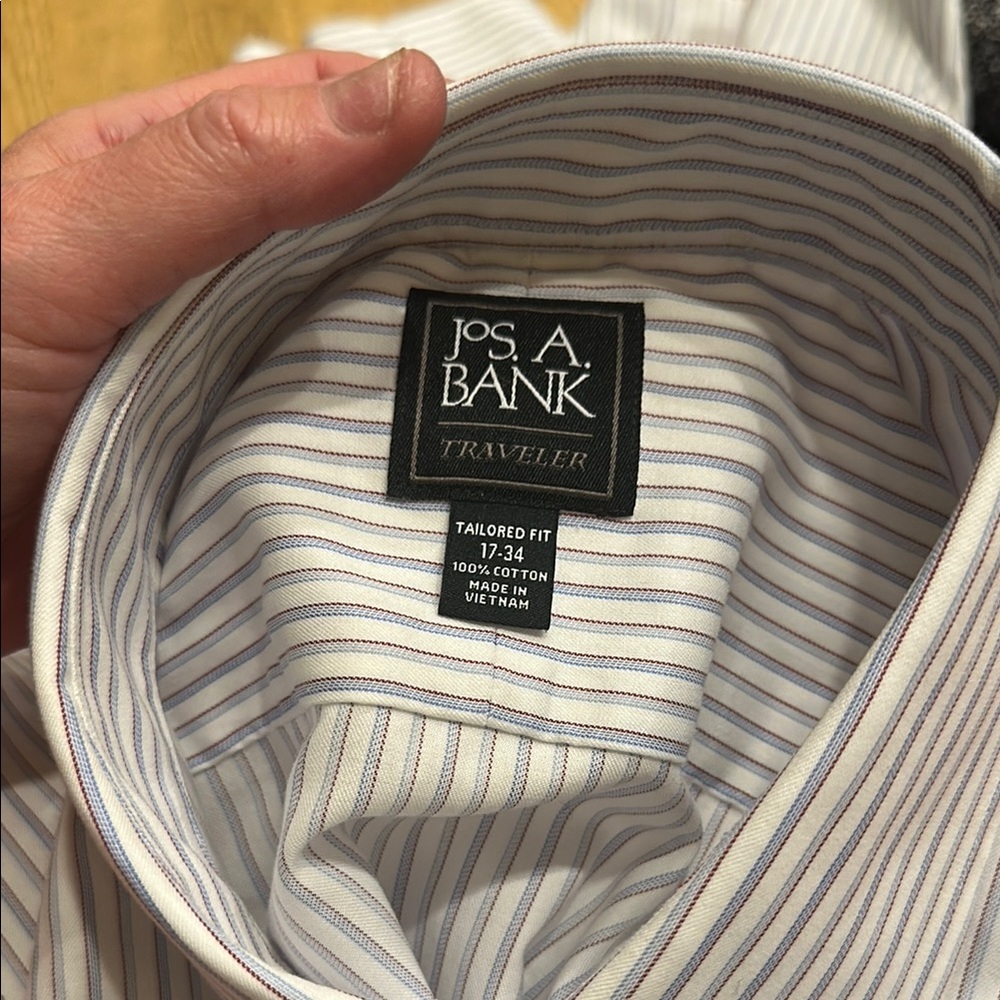 Jos. A. Bank Blue and White Dress Shirt with Vertical Stripes 17-34 Tailored Fit